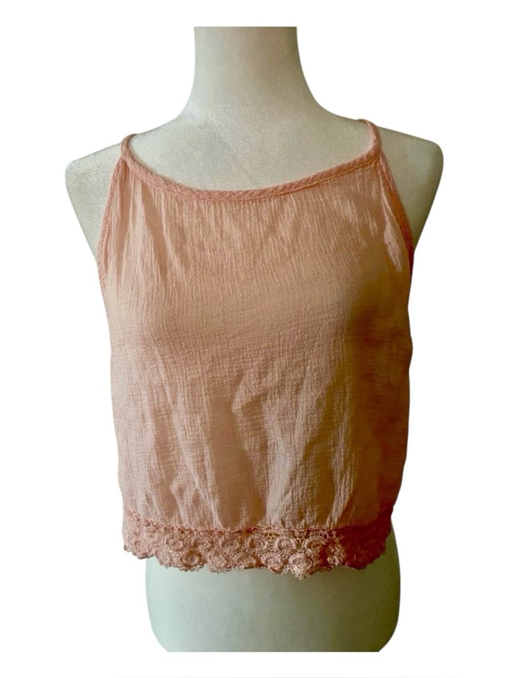 Bobi Blush Pink Cotton Gauze Lace Hem Cropped Cami Tank Top Size M